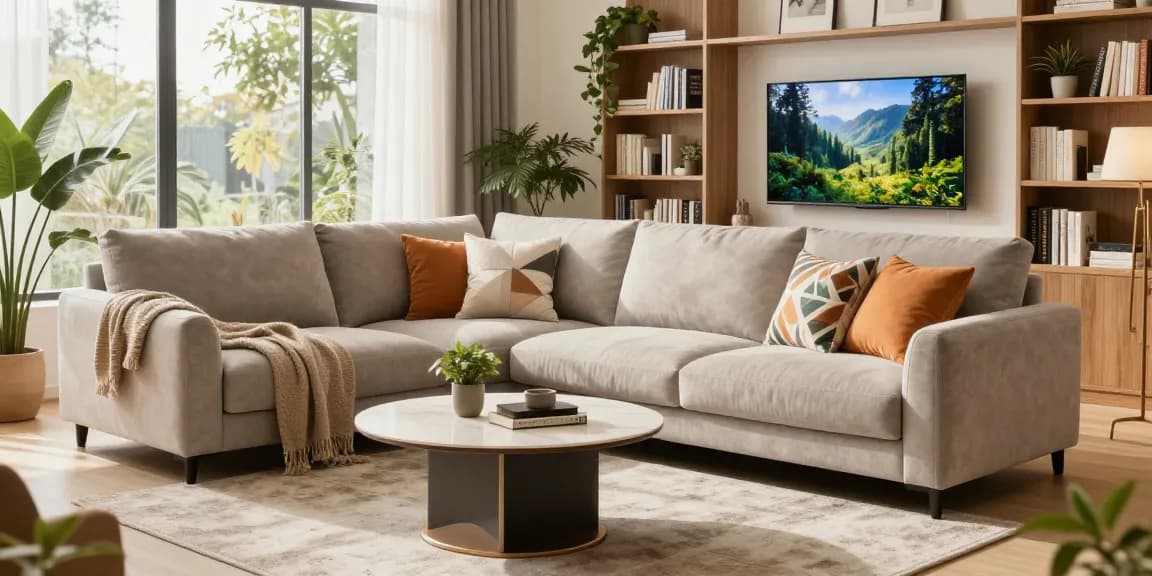 Moderne Wohnzimmermöbelanordnung mit stilvollem Sofa und Couchtisch, ideal für Möbel direkt bestellen.