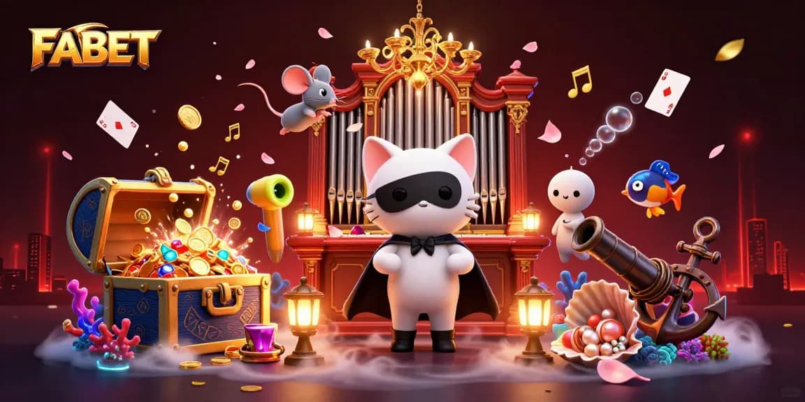 FABET captivates players with a lively 3D casino scene illustrating festive games and adventures.