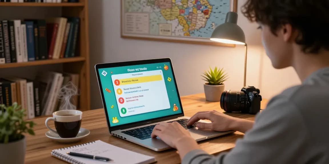 Person engaged in an online Quiz Allgemeinwissen game in a cozy home study, surrounded by books and trivia.