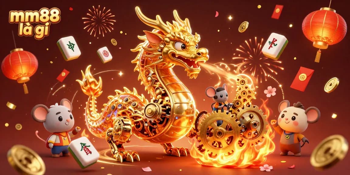 Engage with mm88 là gì as a golden dragon breathes gears in a vibrant casino setting filled with excitement.