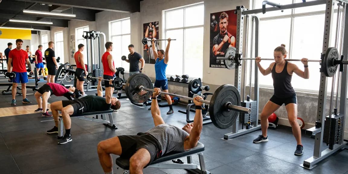 Sportliche Bodybuilder im Anabolikashop beim Krafttraining in einem modernen Fitnessstudio.
