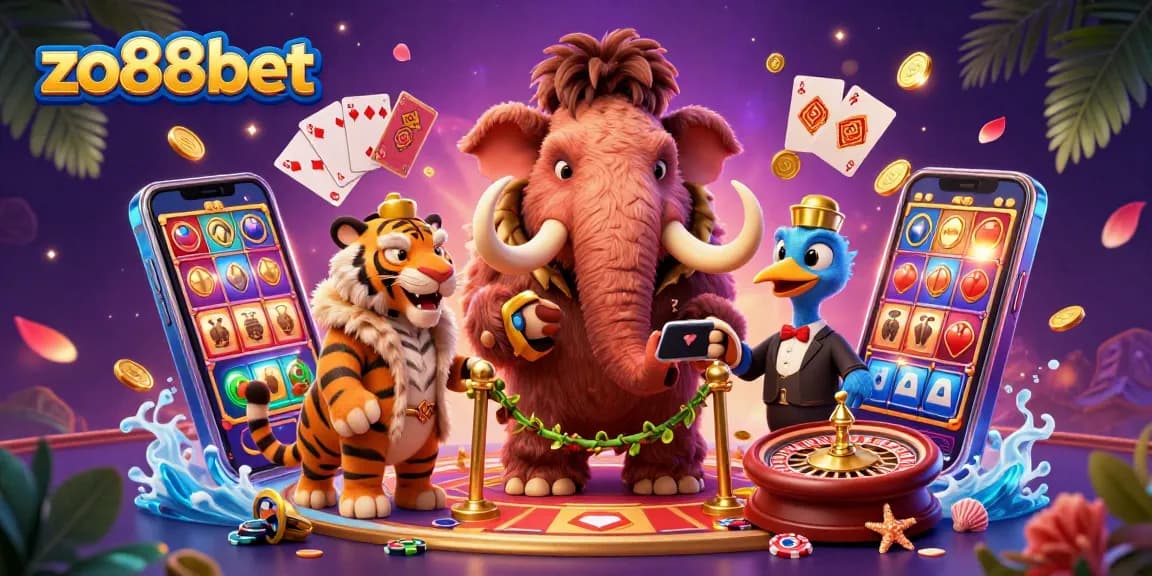 Experience gaming at zo88bet with vibrant characters in a lively casino scene, showcasing excitement and fun.