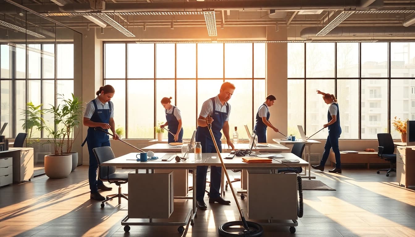 Effiziente Gebäudereinigung Ulm in modernen Büros mit motivierten Reinigungsteams.