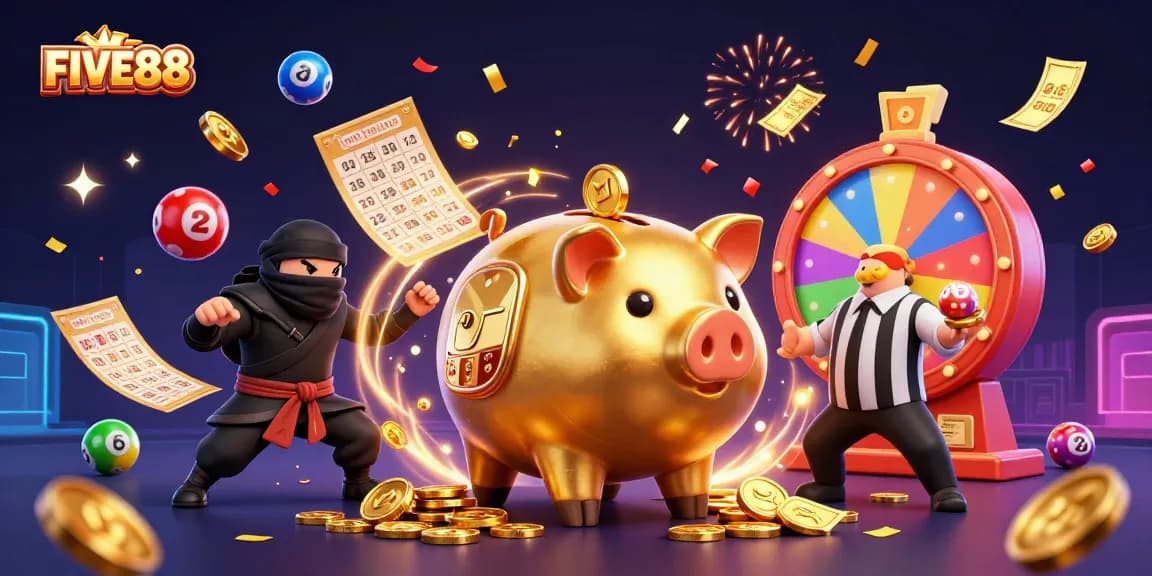 Experience winning excitement with the FIVE88 dynamic casino characters amidst a colorful celebration of games.