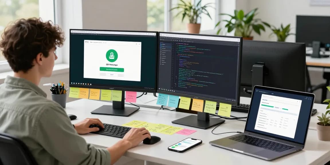 A developer navigating the GB WhatsApp download APK in a bright tech workspace, highlighting features and coding.