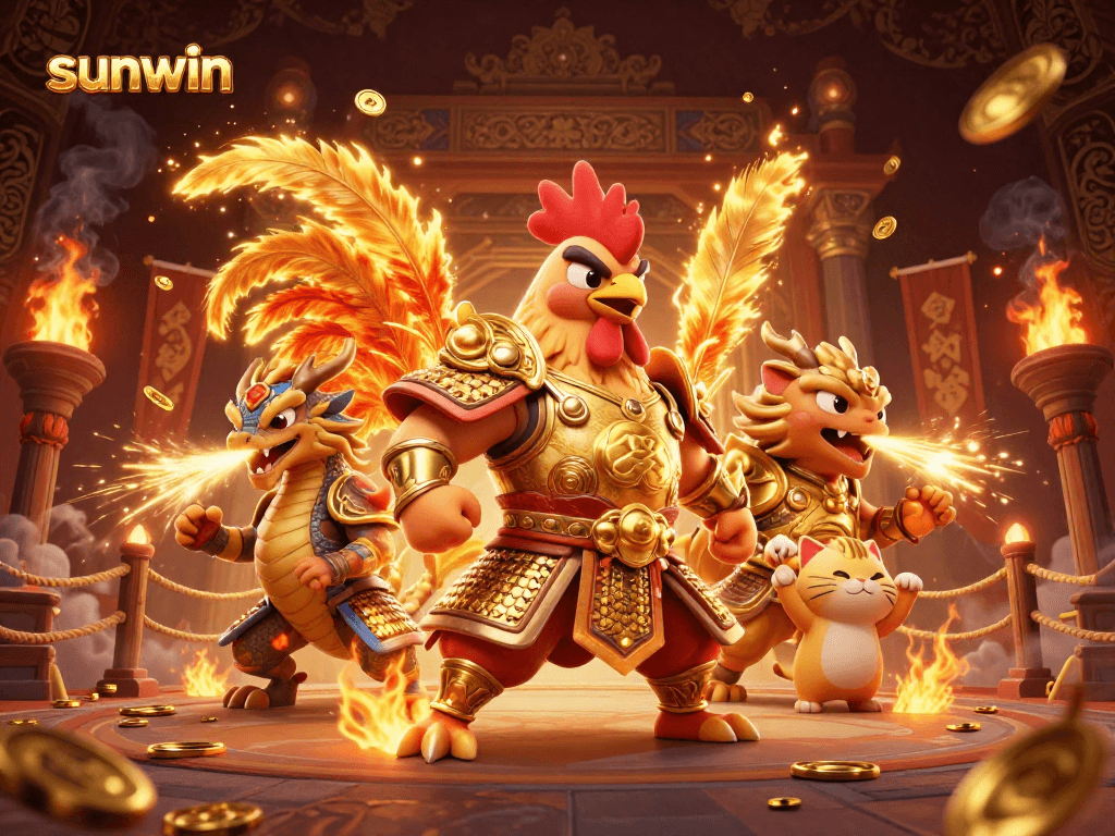 Experience the thrill of sunwin with a dynamic 3D cartoon illustration of casino characters in a vibrant arena.