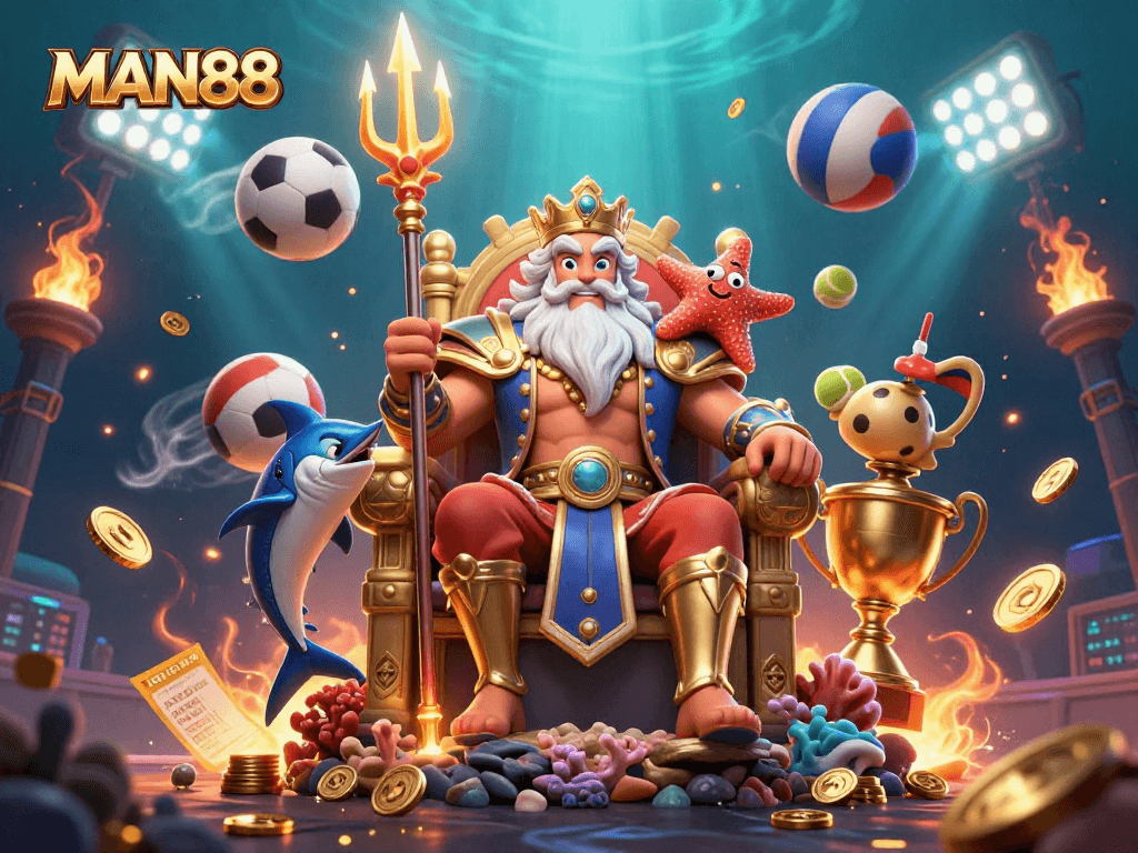 Experience the exciting world of MAN88 with Neptune and sports elements in a dynamic gaming scene.