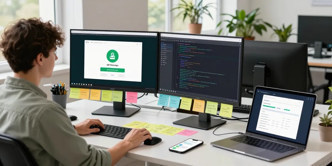A developer navigating the GB WhatsApp download APK in a bright tech workspace, highlighting features and coding.