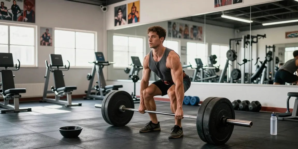 Anabolika kaufen in modernem Fitnessstudio während des kraftvollen Deadlifts, Bodybuilder zeigt Fokus und Engagement.