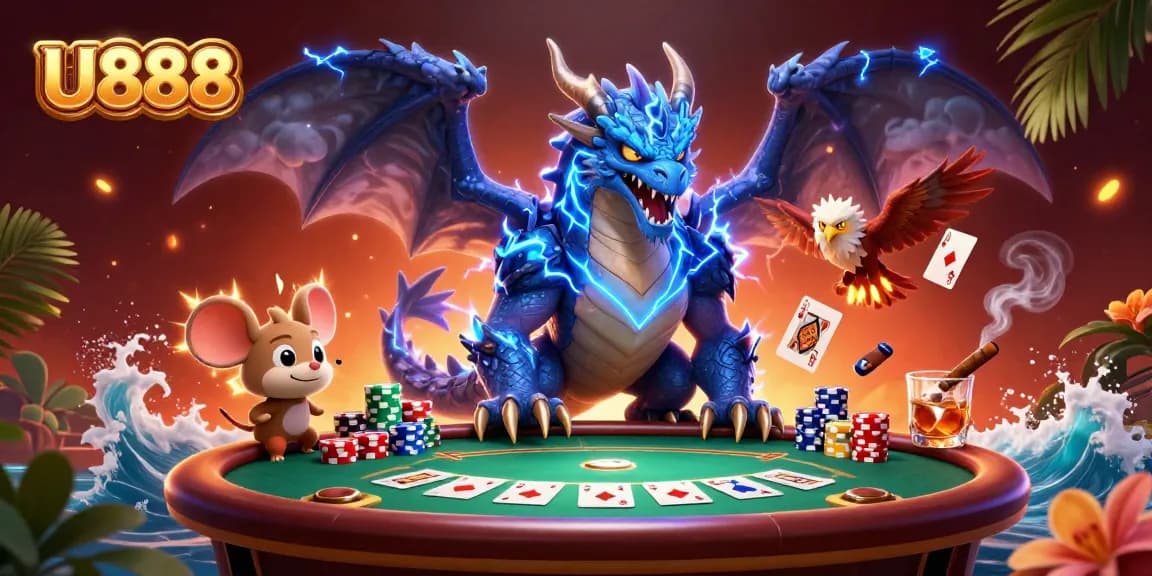 Experience the power of U888 in this vibrant 3D casino scene with a thunder dragon and poker action.