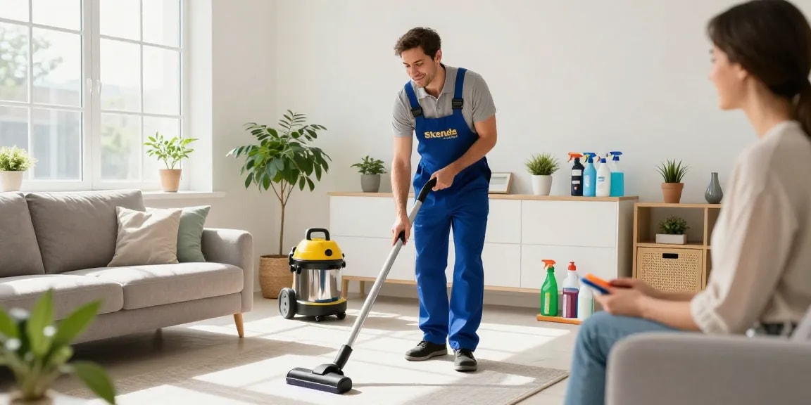 Professional cleaner showcasing high-quality services for reinigungsfirmen solothurn in a bright, modern apartment.