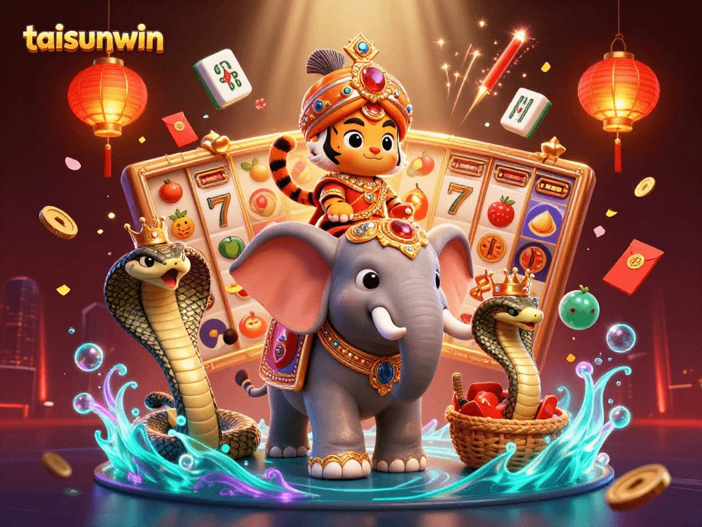 Play exciting slots at taisunwin with a captivating elephant and tiger in vibrant casino atmosphere.