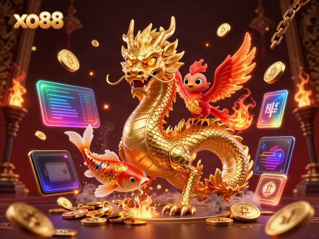 Experience the excitement of gambling at xo88 with vibrant 3D characters and crypto elements.