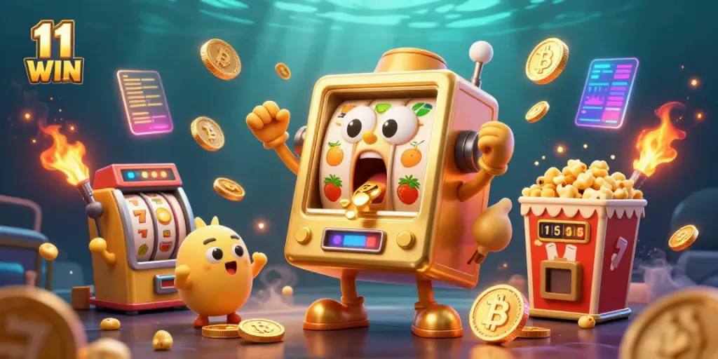 11 WIN showcases slots with a golden slot machine celebrating a jackpot amidst vibrant casino elements.
