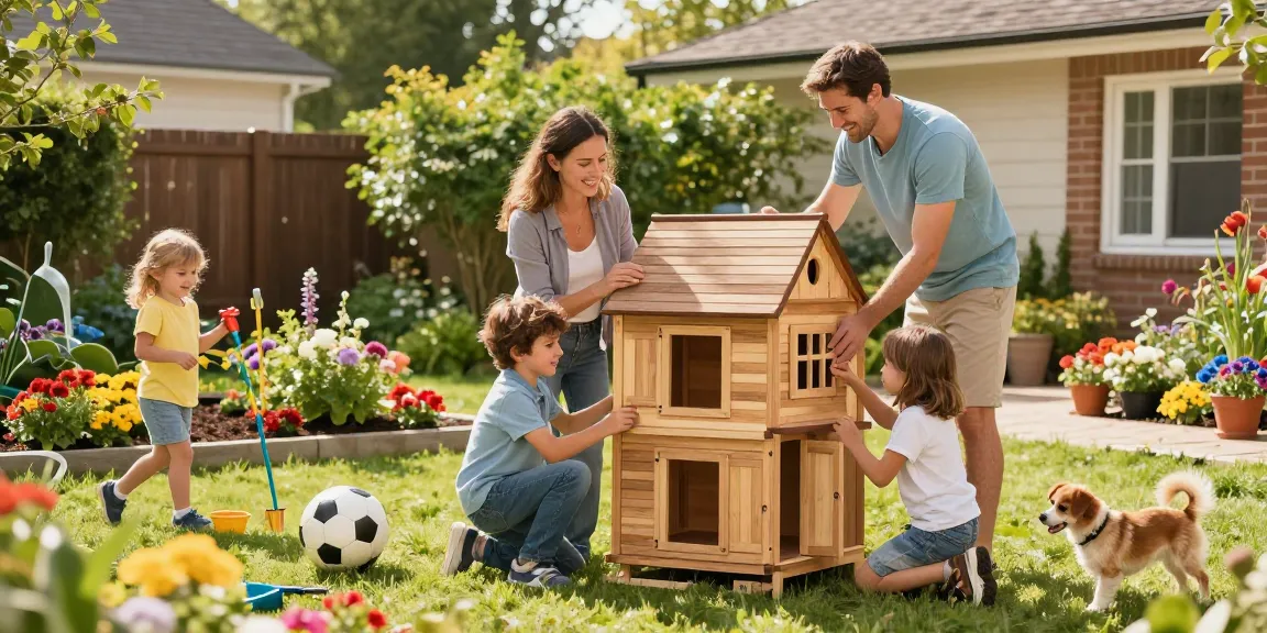 Familie beim Aufbau eines Gartenhauses im Garten mit Blumenbeeten und Spielzeug.