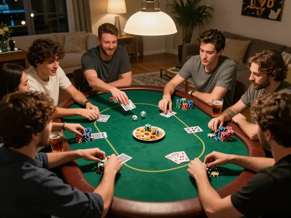 Exciting home poker night featuring active gameplay and strategy discussions around the table with sc88.