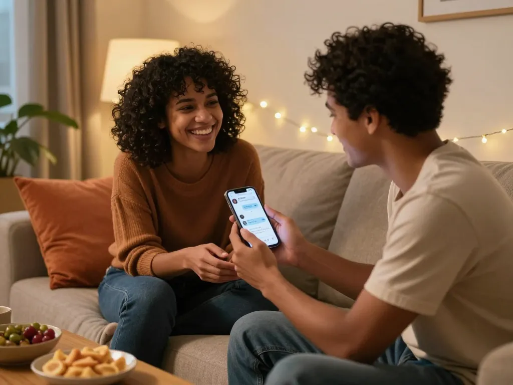 Engaging in a sex AI chat on a smartphone, showcasing a warm digital connection.
