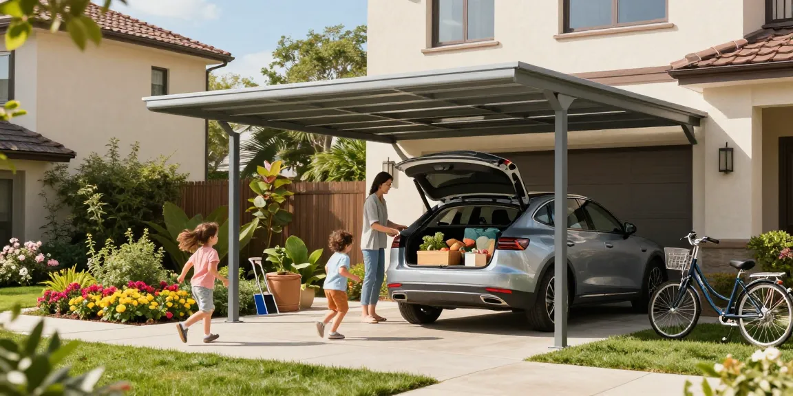 Moderne Carport-Szene mit Familie, die Einkäufe aus dem Auto entlädt, umgeben von Blumenbeeten und Sonnenschein.
