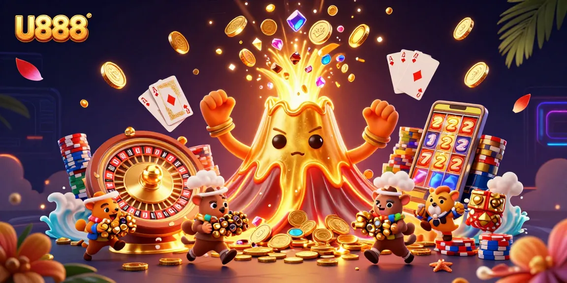 Experience the thrill of U888 as the golden volcano erupts with treasure in a dynamic casino scene.