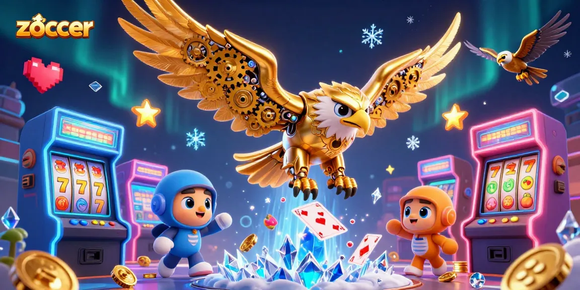 Zoccer-themed 3D illustration showcases vibrant gambling elements and a dynamic eagle for a casino game.