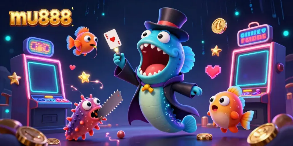Experience the excitement of mu888 casino with vibrant characters performing magic tricks amidst glowing slot machines and gaming elements.