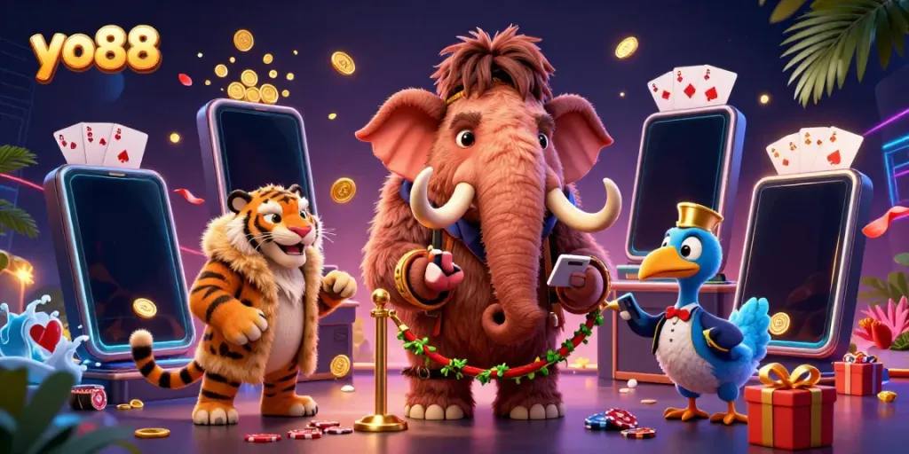 Experience the vibrant world of gambling with yo88 as the woolly mammoth bouncer checks IDs at a plush casino entrance.