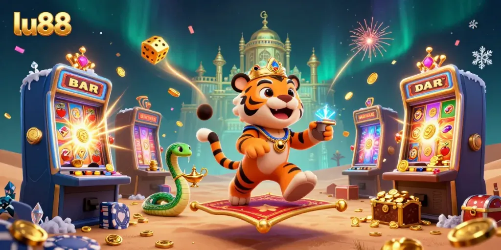 Experience the thrilling adventures of lu88 with a cartoon tiger sultan and jackpot bonuses in this vibrant casino scene.