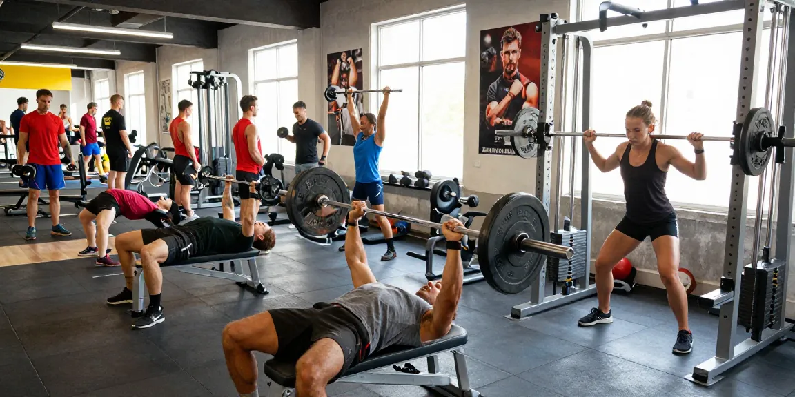 Sportliche Bodybuilder im Anabolikashop beim Krafttraining in einem modernen Fitnessstudio.