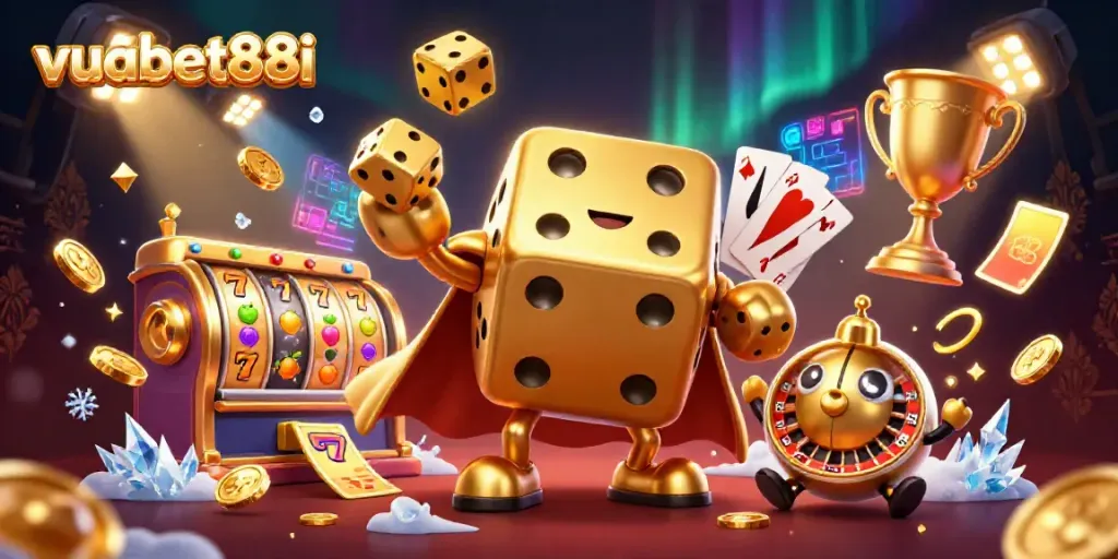 Experience thrilling gameplay at vuabet88i with a vibrant 3D casino scene showcasing winning slots and colorful characters.