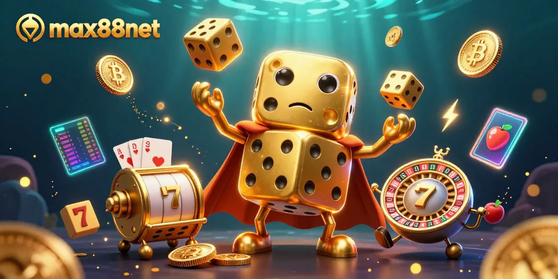 Engage in exciting gameplay at max88net with a dynamic scene featuring charming 3D casino characters and vibrant game elements.