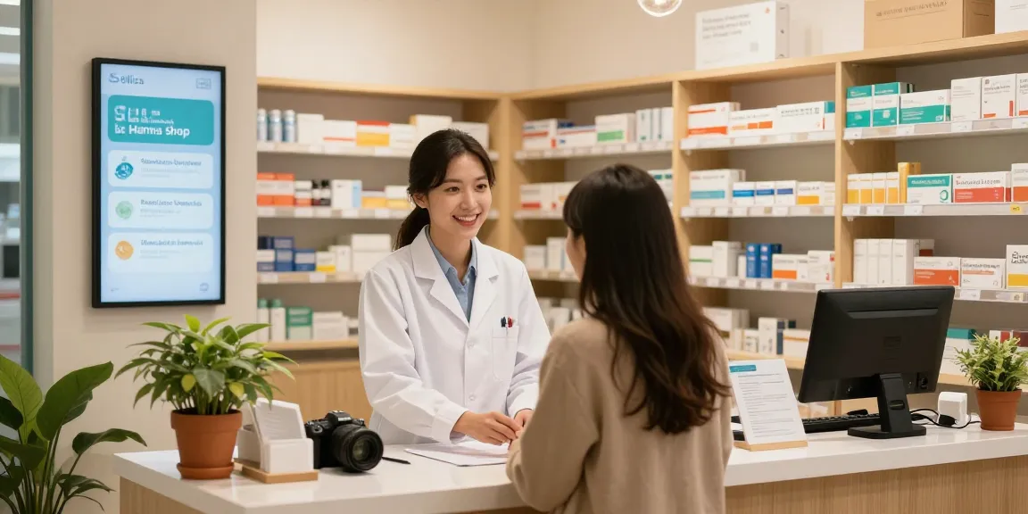 Im Selliza Pharma Shop hilft ein Apotheker einem Kunden in einer freundlichen Umgebung, umgeben von Gesundheitsprodukten.