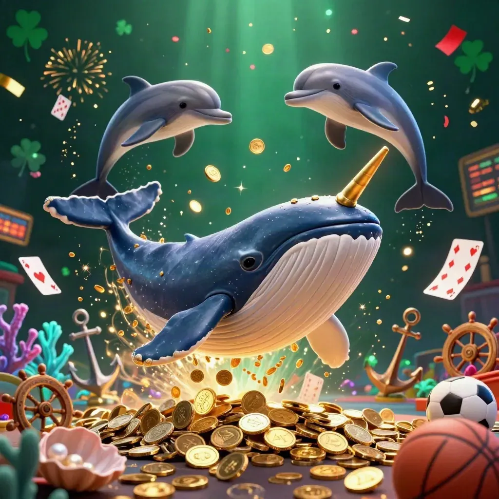 Wal, Narwal und Delfine brechen in einem goldenen Casino-Unterwasserraum aus Coins und Licht hervor.