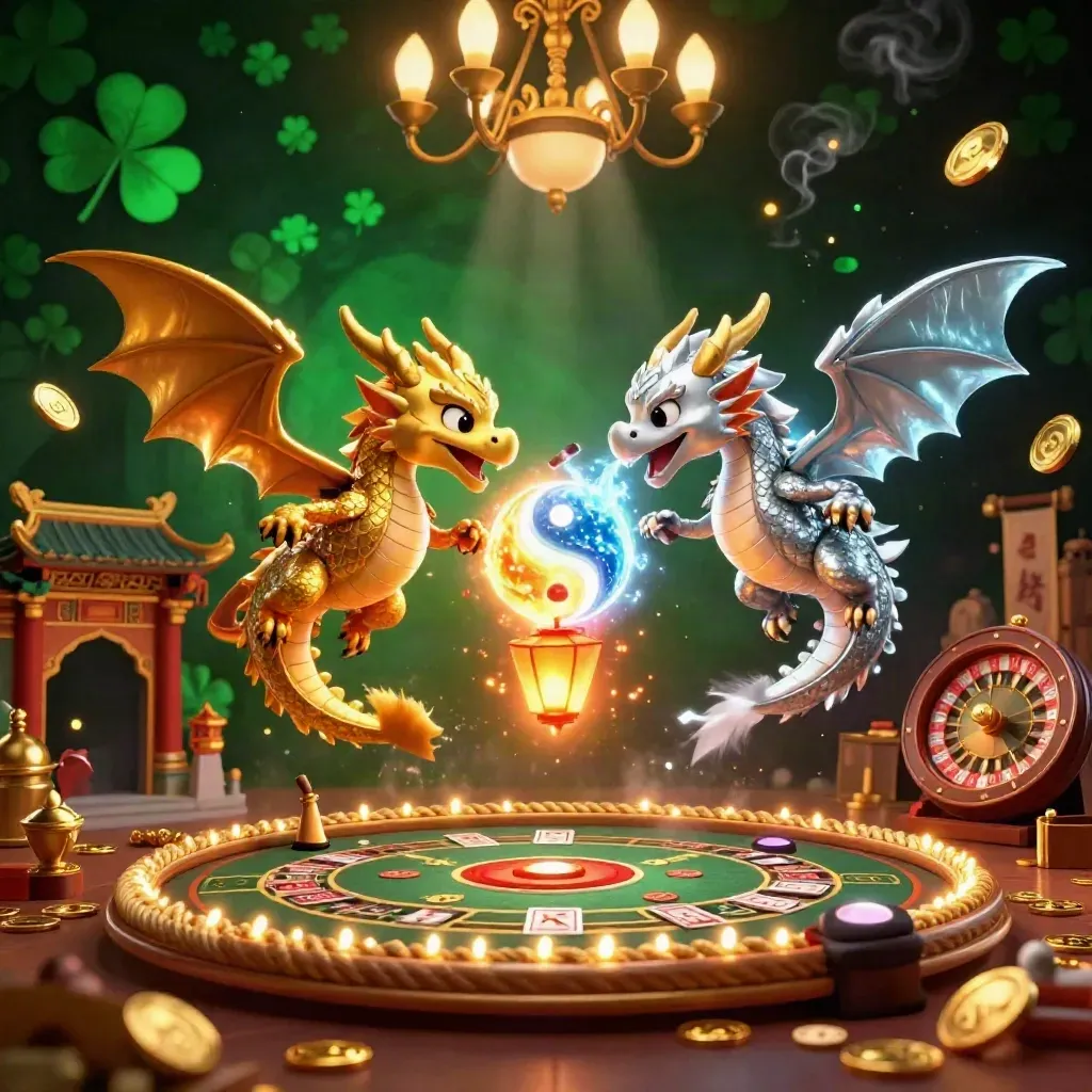 Goldener und silberner Drache über Casino-Luxus, Tempeltor, Roulette und Lichtstrahlen