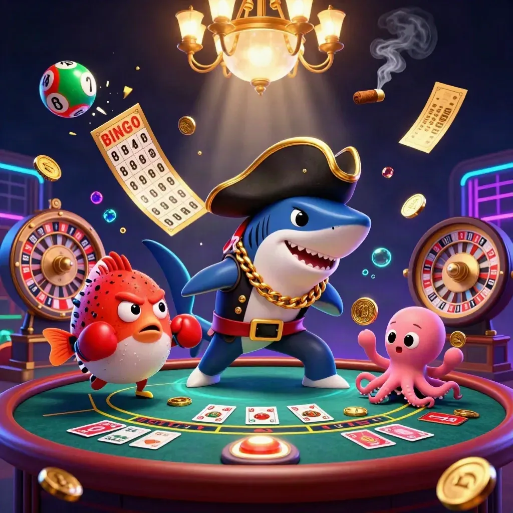 Piratenhai, Box-Pufferfisch und Oktopus vor Neon-Roulette und Goldglanz.