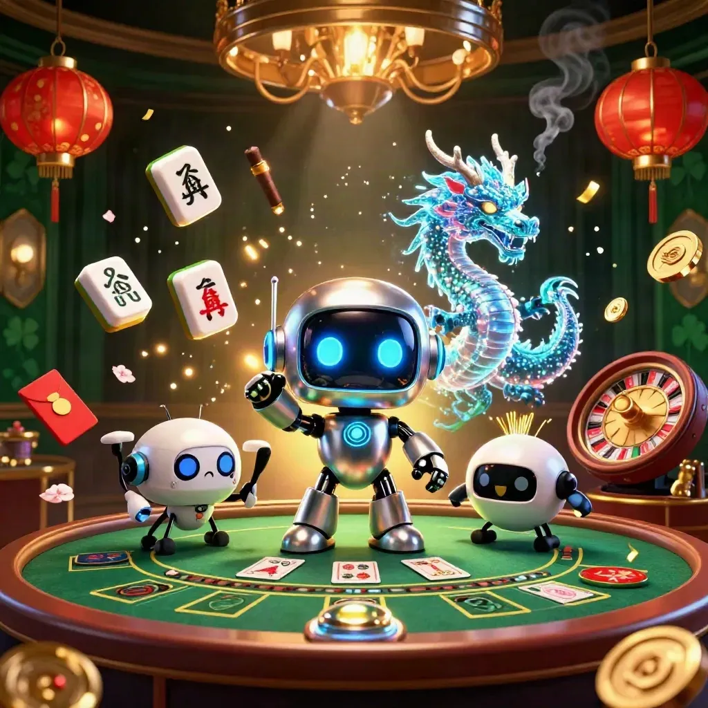 Cyberpunk-Roboter, Drachenhologramm und Drohne in luxuriösem Live-Casino mit Gold- und Smaragdschein.