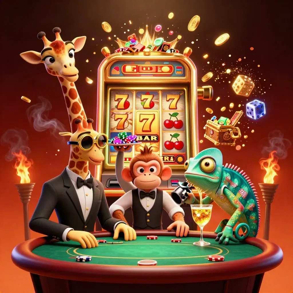 Giraffe, Affe und Chamäleon vor Gold, Feuer, Münzen und einer Jackpot-Explosion.