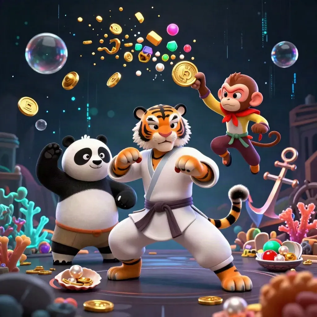 3D-Tiger, Panda und Affe in einer Unterwasser-Schatzhöhle mit Münzen, Korallen und Neon-Effekten