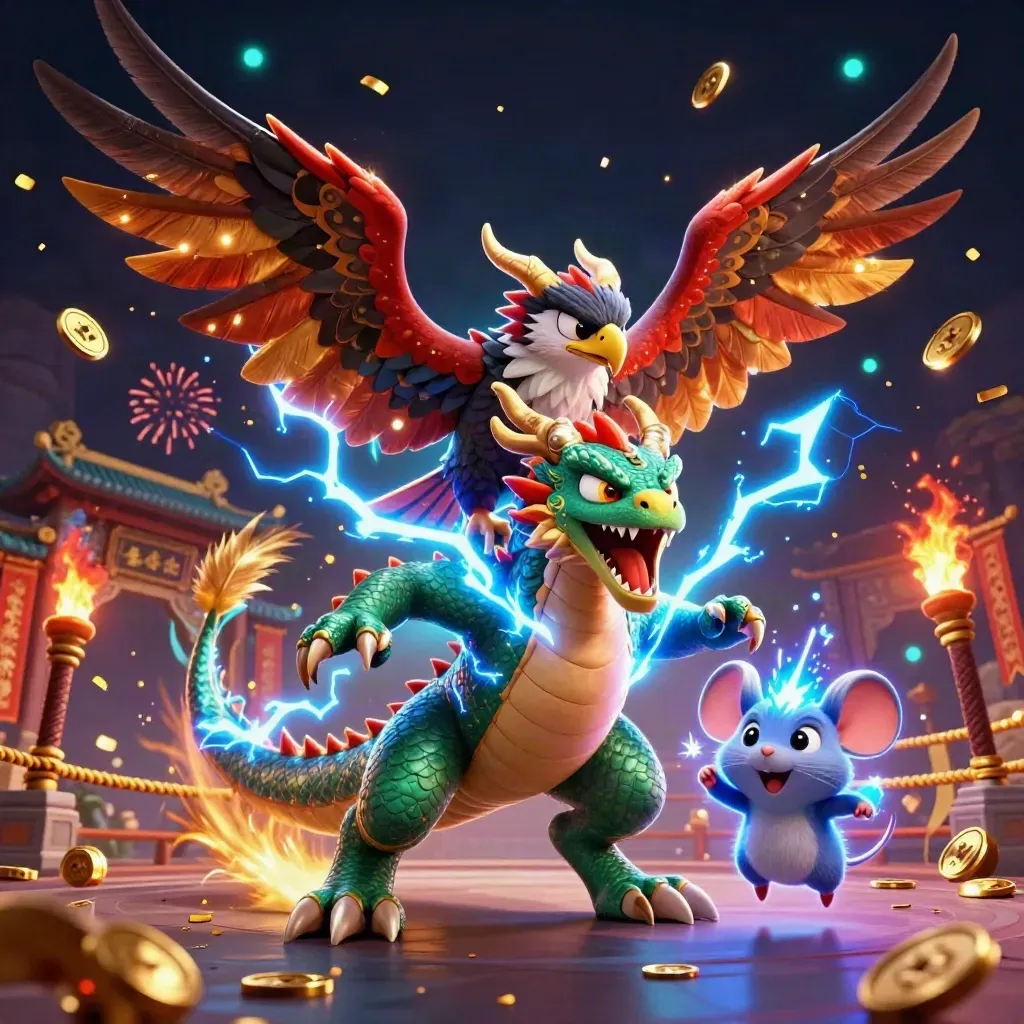 Thunderdrache, Windfalke und Maus vor Tempeltor, Blitzen und Goldmünzen in dunklem Neon-Look