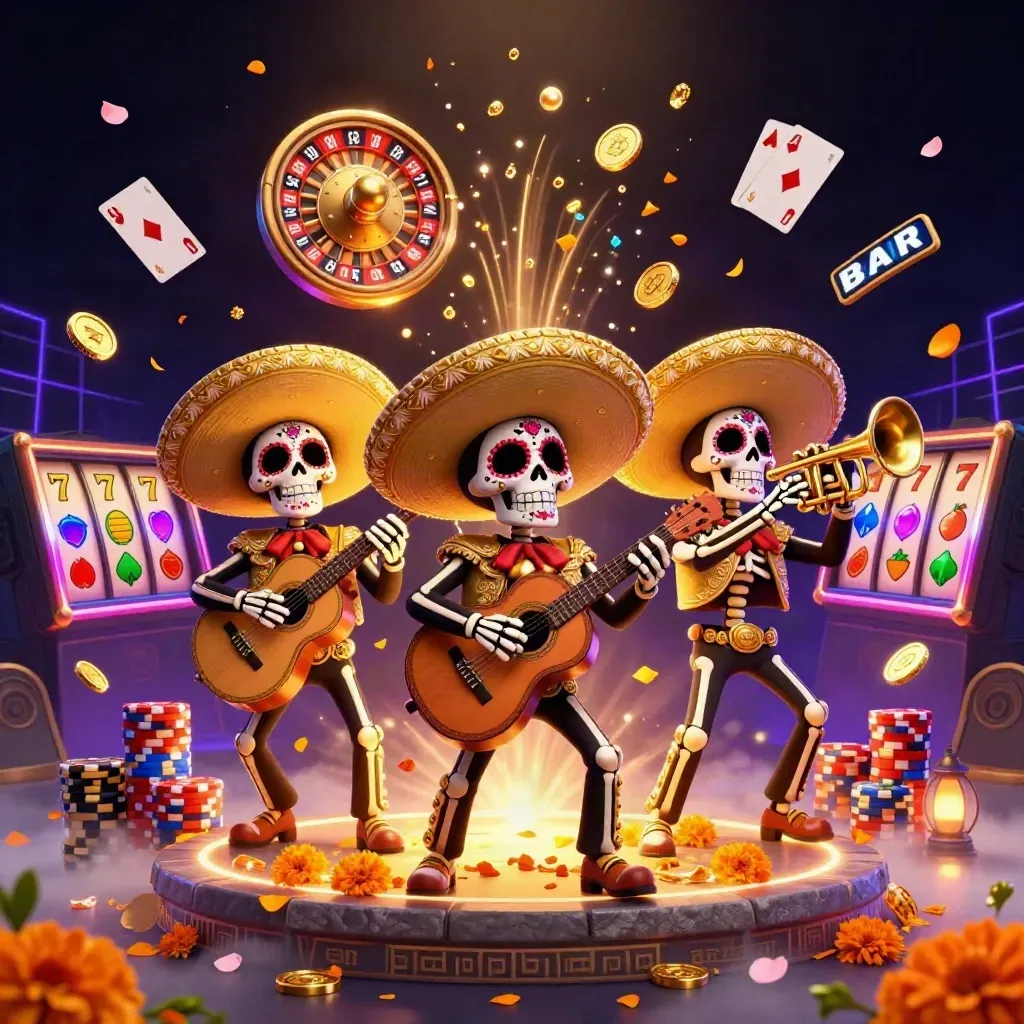 Drei Día-de-los-Muertos-Skelett-Mariachis mit Goldsombreros, Münzen, Juwelen und Neon-Luxus.