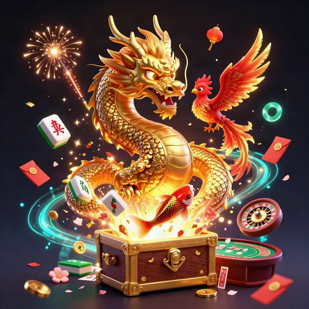 Goldener Drache mit Phönix, Koi, Münzen, Feuerwerk und Spielkarten vor dunklem Hintergrund.