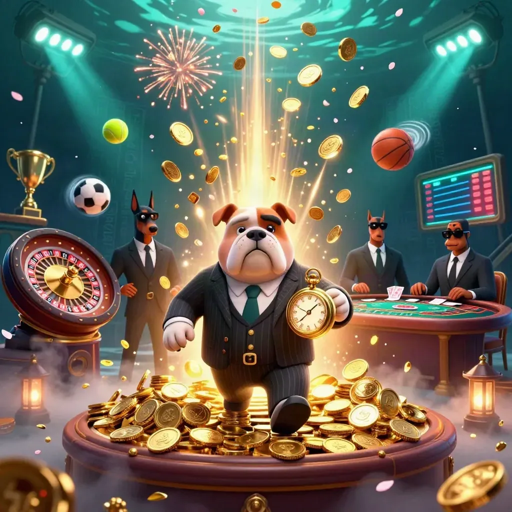 Mafia-Bulldogge und Dobermänner im Goldregen, umgeben von Coins, Sportbällen und Casino-Licht.
