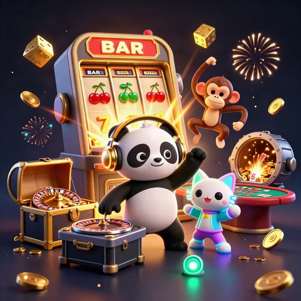 DJ-Panda, tanzender Affe und Leuchtkatze feiern mit Slot, Gold, Würfeln und Neon im Casino-Glow.