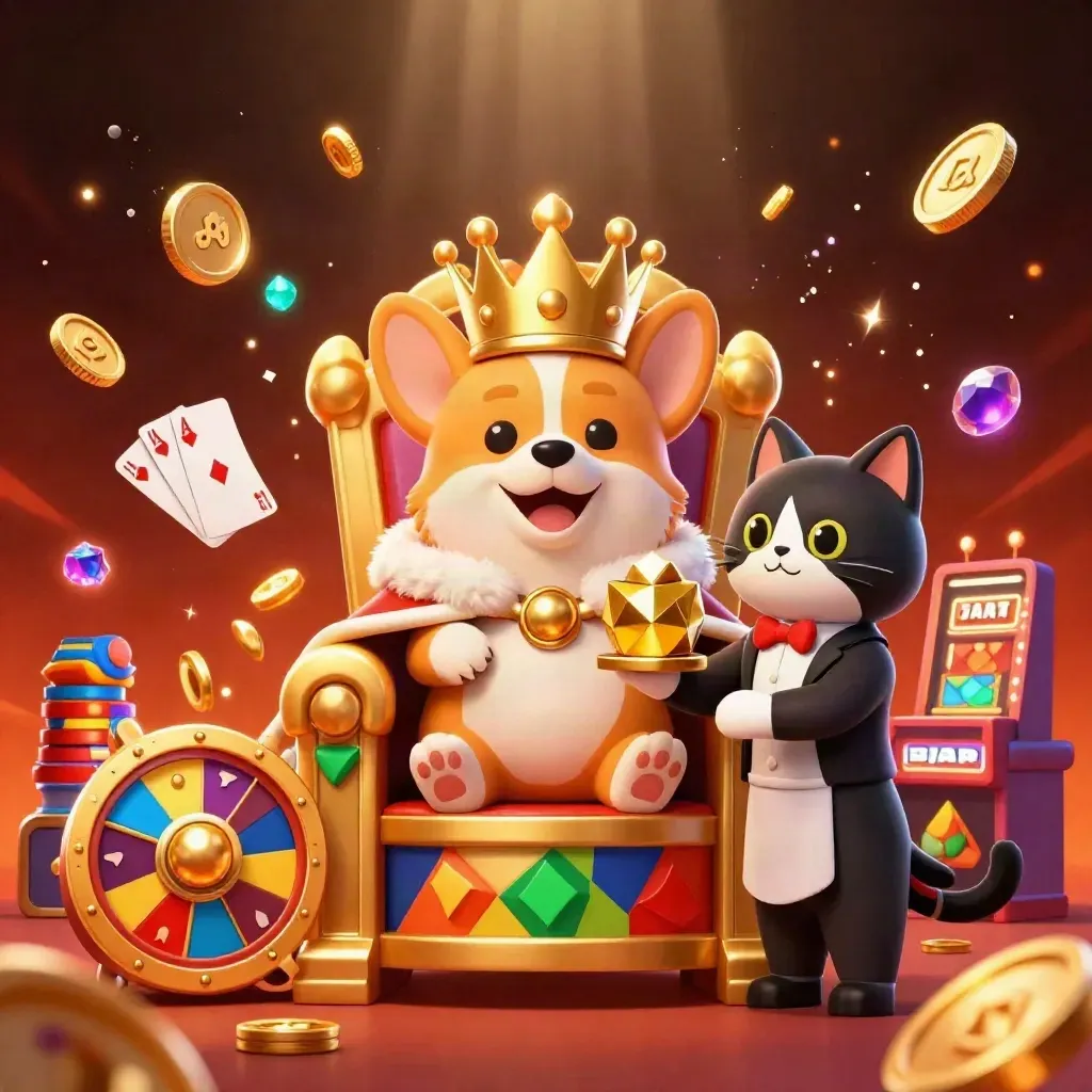 Königlicher Corgi und Katerbutler auf Pokerchip-Thron, umgeben von Gold, Neon und Spielsymbolen.
