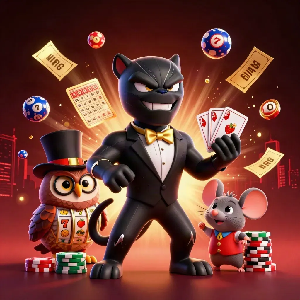 Panther, Eule und Maus beim Casino-Deal, umgeben von Spielsymbolen und goldenen Lichtstrahlen.