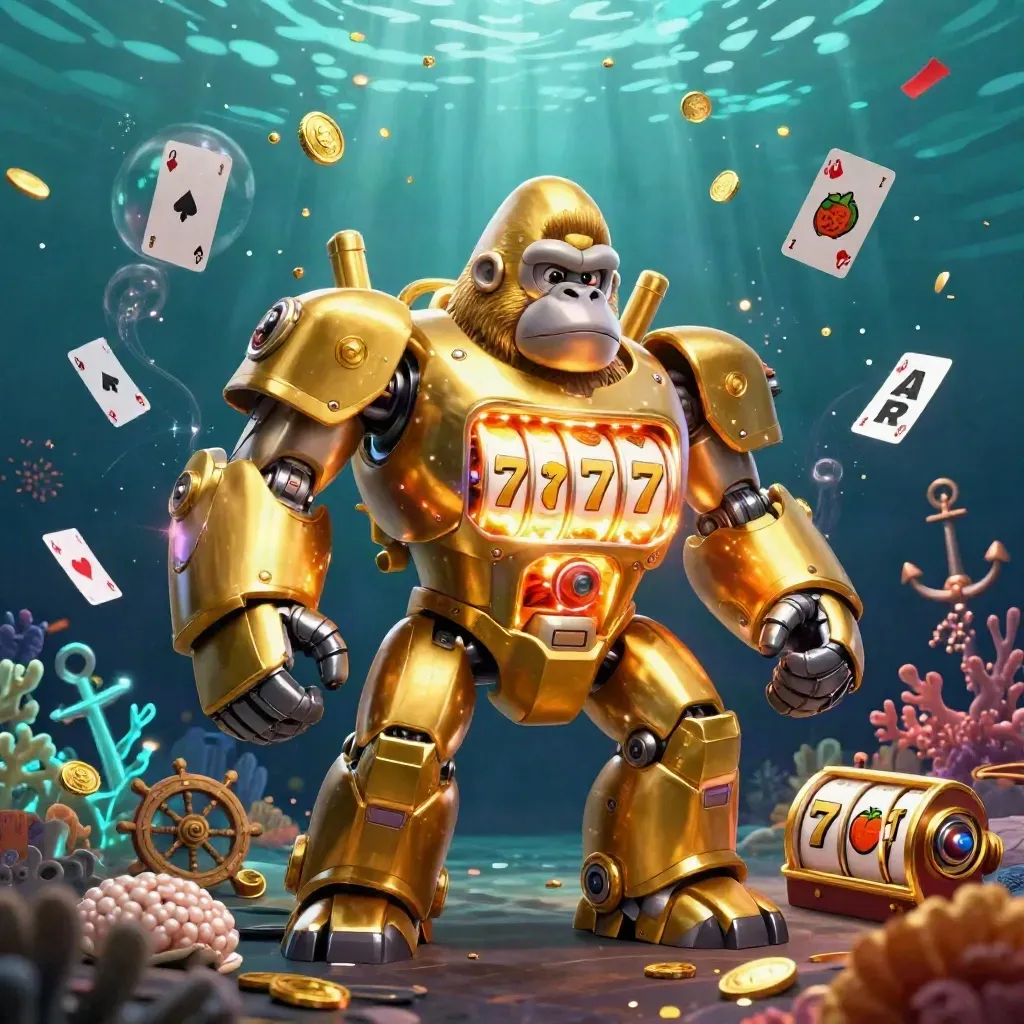 Goldener Gorilla-Mech mit Slot-Reels, Affenpilot und Unterwasser-Schatzflair