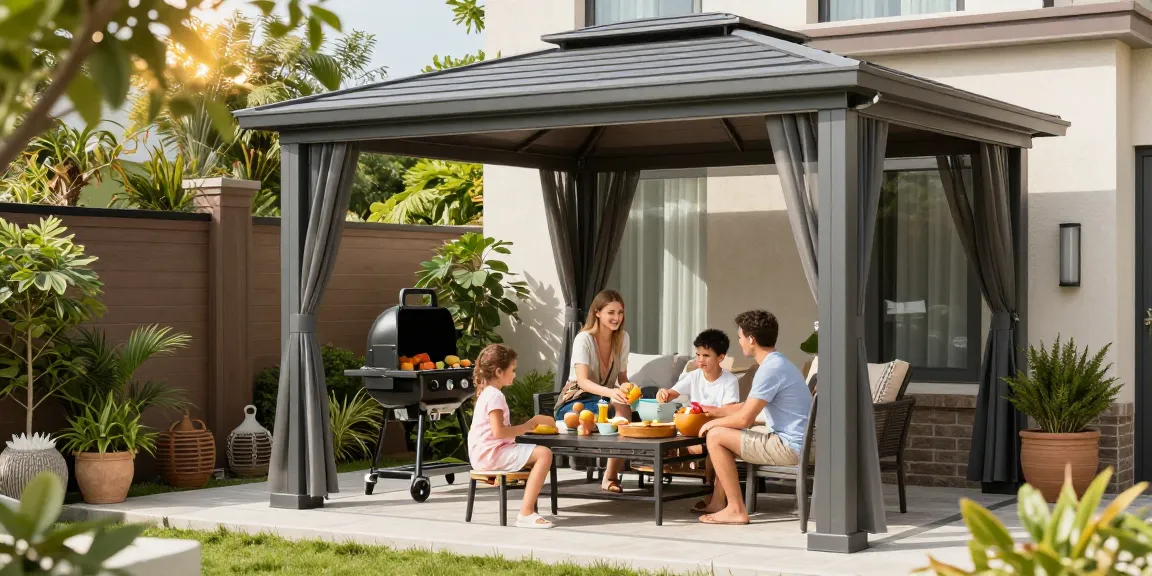 Moderne Terrassenüberdachung aus Aluminium, Familienfeier im Freien mit gemütlichen Möbeln und Pflanzen.