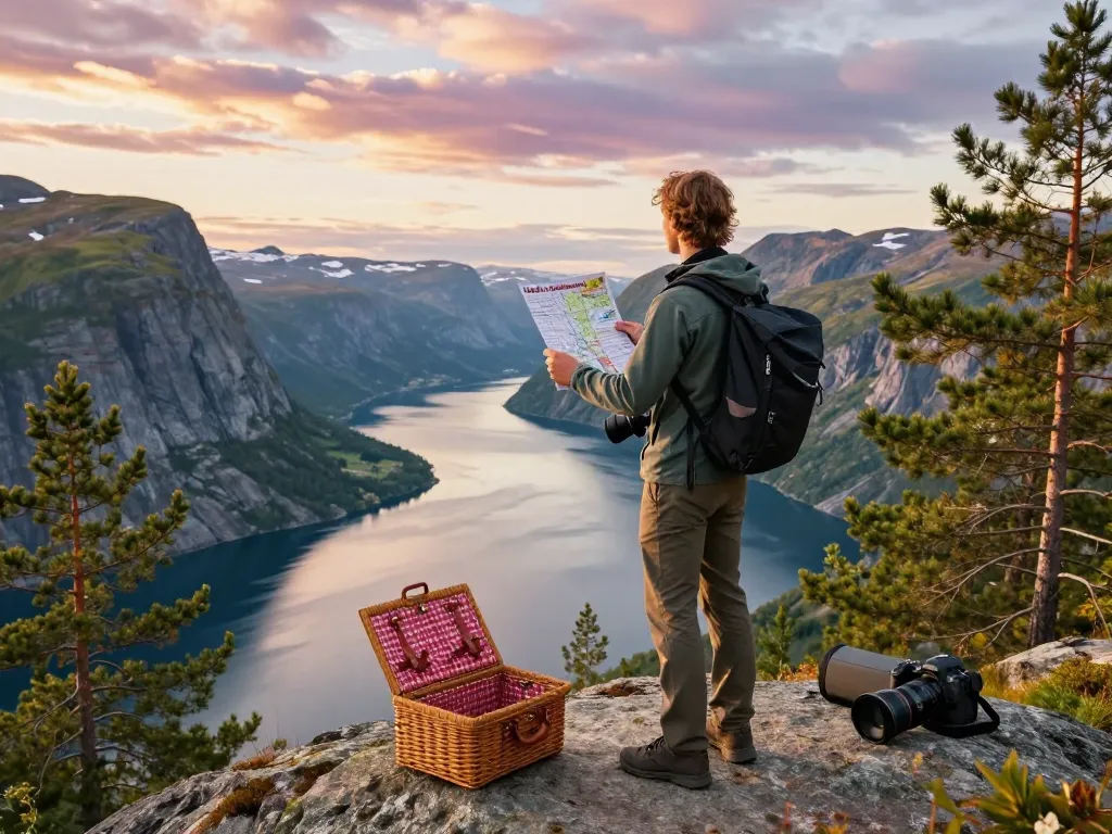 Genießen Sie Urlaub in Skandinavien mit einem malerischen Fjordblick in Norwegen, Reisender hält die Schönheit der Natur fest.