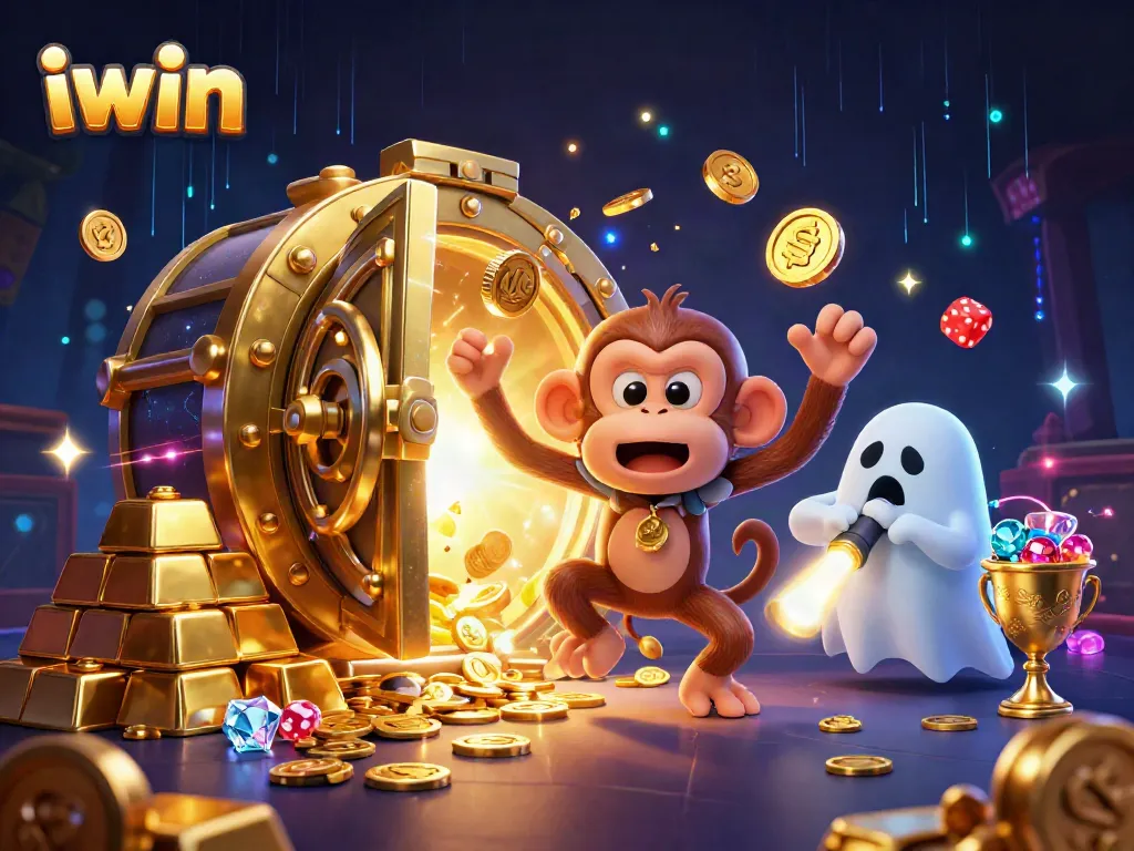 iwin juggles golden coins and chips while a ghost-hunter puppy tracks it in a vibrant casino.