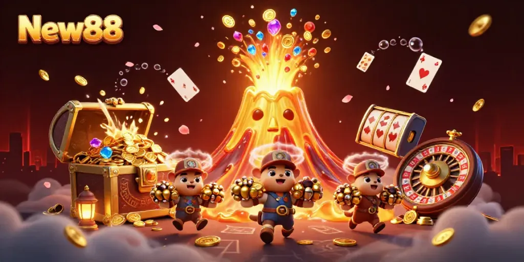 Experience the excitement of New88 with a vibrant 3D illustration of a golden volcano erupting coins and gems amidst dynamic casino elements.