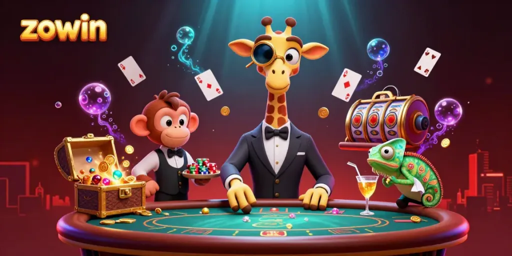 Experience the fun at zowin with colorful slot reels and a lively casino scene featuring a high-roller giraffe.